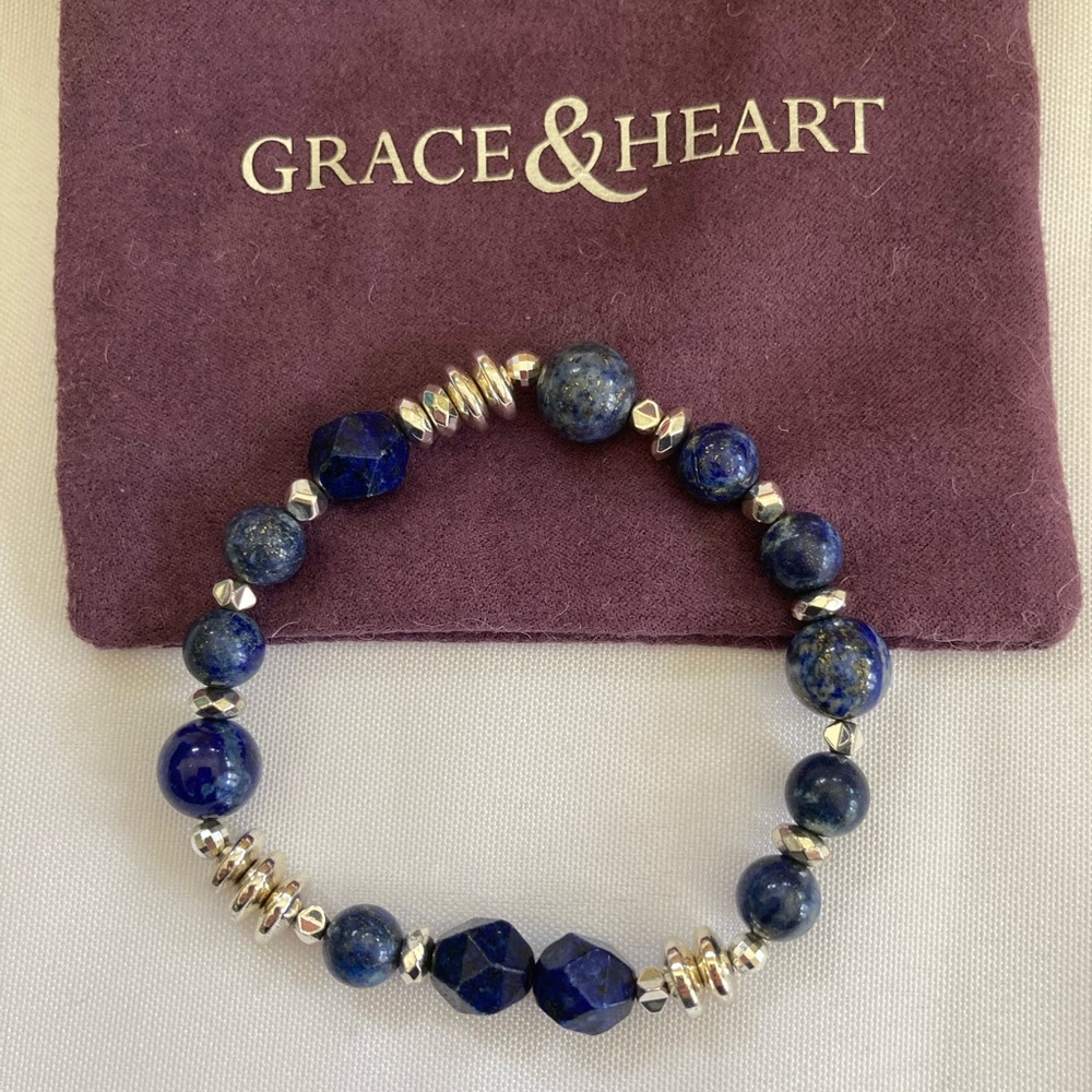 Grace & Heart Clear Night Sterling Silver/Lapis/Hematite Stretch 7”Bracelet